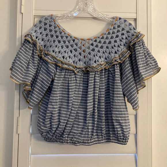 Free People Allora Allora Blue and White Striped Top w/Tassels Size S Boho! - Picture 2 of 3
